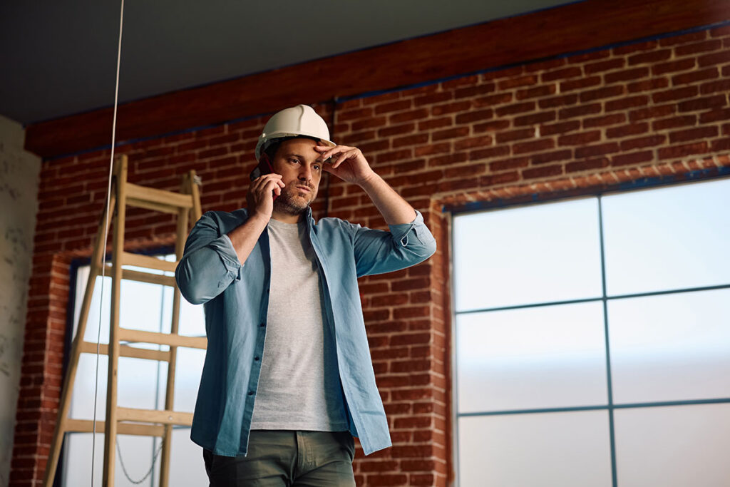 homeowner wearing construction hat calling for professional help